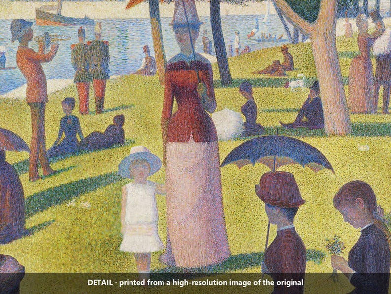 May include: A pointillist painting depicting a park scene with figures in period clothing, including a person holding a parasol, a child in a white dress, and others relaxing on a grassy lawn near a river with boats in the background.
