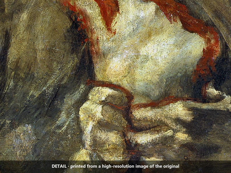 May include: A detailed oil painting reproduction featuring a pale, textured torso with visible brushstrokes and deep red pigment accents. A dark, thin cord wraps around the midsection. The text at the bottom reads: DETAIL - printed from a high-resolution image of the original.