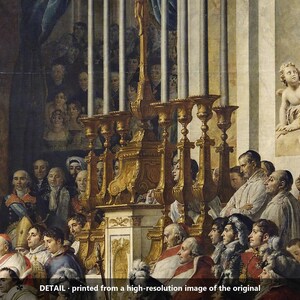 May include: A detailed oil painting depicting a formal religious ceremony with numerous figures in historical attire, including clergy in miters and robes, gathered around a large, ornate gold candelabra with tall white candles.