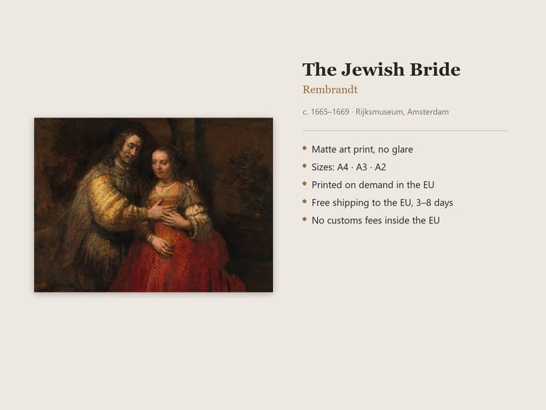 The Jewish Bride Print by Rembrandt, Dutch Golden Age Art Poster, Famous Painting Wall Art, A4 A3 A2, Printed in EU image 6