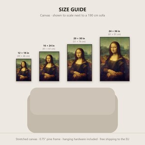 May include: A size guide for Mona Lisa canvas prints, displaying four sizes: 12x18, 16x24, 20x30, and 24x36 inches. The graphic shows the canvases scaled against a 190 cm sofa, noting a 0.75 inch pine frame and included hanging hardware.