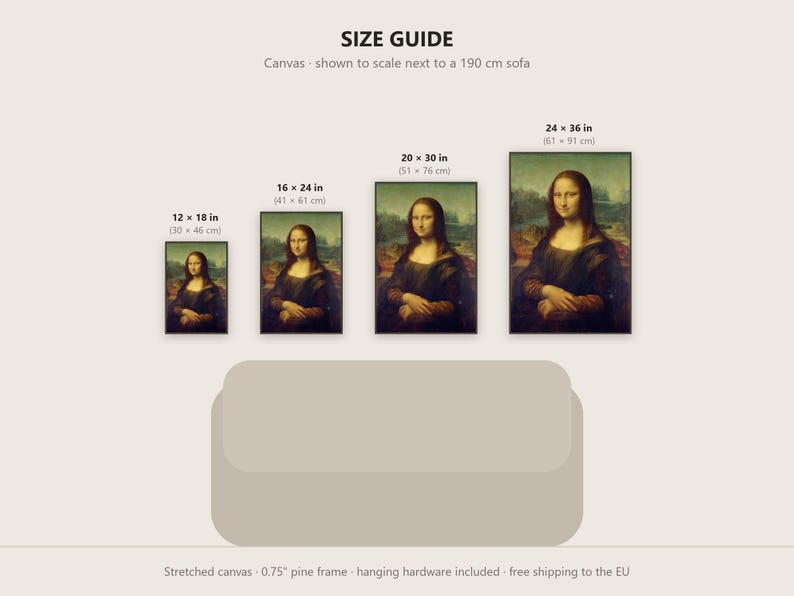 May include: A size guide for Mona Lisa canvas prints, displaying four sizes: 12x18, 16x24, 20x30, and 24x36 inches. The graphic shows the canvases scaled against a 190 cm sofa, noting a 0.75 inch pine frame and included hanging hardware.
