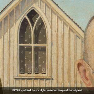 May include: A detailed print featuring a light-colored wooden house with a prominent arched window and patterned curtains, positioned next to the partial profile of a person wearing round glasses against a pale blue sky background.