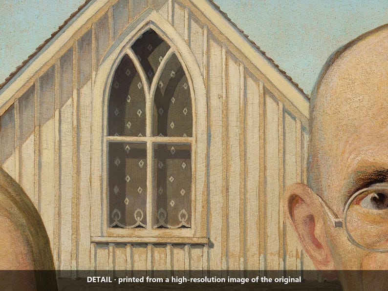 May include: A detailed print featuring a light-colored wooden house with a prominent arched window and patterned curtains, positioned next to the partial profile of a person wearing round glasses against a pale blue sky background.