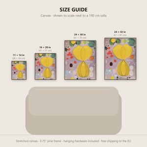 May include: A size guide for canvas prints featuring four rectangular artworks with yellow abstract shapes on a light purple background. Sizes include 11x14, 16x20, 24x30, and 24x32 inches, shown relative to a 190 cm sofa. Includes 0.75 inch pine frame details.