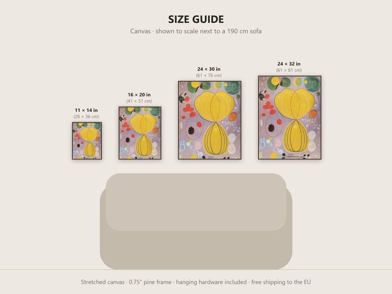 May include: A size guide for canvas prints featuring four rectangular artworks with yellow abstract shapes on a light purple background. Sizes include 11x14, 16x20, 24x30, and 24x32 inches, shown relative to a 190 cm sofa. Includes 0.75 inch pine frame details.