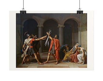 May include: A classical oil painting depicting a central figure in a red cloak holding three swords aloft toward three soldiers in armor. To the right, a group of seated figures in draped robes observe the scene within a stone archway.