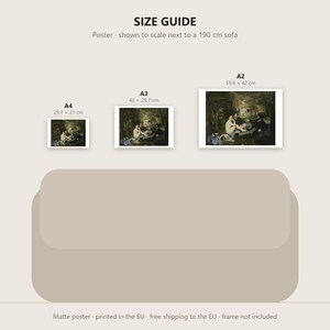 May include: A size guide for art prints featuring three posters labeled A4, A3, and A2 with dimensions 29.7 x 21 cm, 42 x 29.7 cm, and 59.4 x 42 cm. The posters are displayed above a 190 cm sofa illustration on a light beige background.