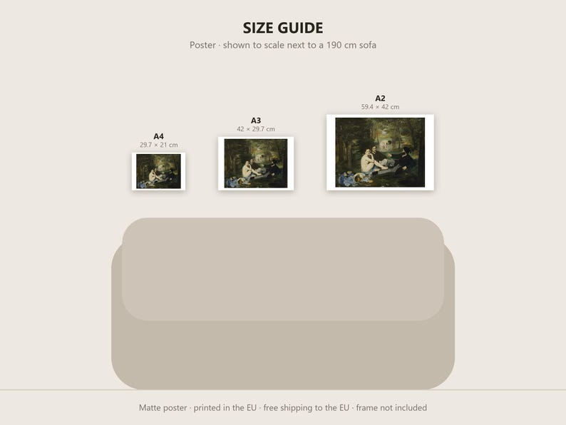 May include: A size guide for art prints featuring three posters labeled A4, A3, and A2 with dimensions 29.7 x 21 cm, 42 x 29.7 cm, and 59.4 x 42 cm. The posters are displayed above a 190 cm sofa illustration on a light beige background.
