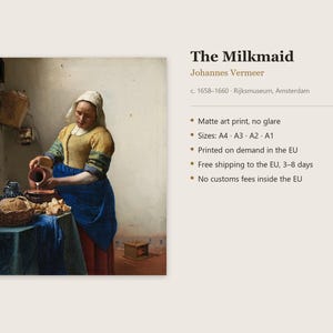 Pu&ograve; includere: Una stampa d'arte opaca de La Lattaia di Johannes Vermeer, c. 1658-1660, Rijksmuseum, Amsterdam. L'immagine mostra una persona con cuffia bianca, corpetto giallo e grembiule blu che versa il latte da una brocca in una ciotola su un tavolo.