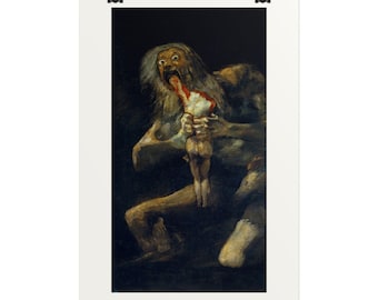May include: A framed art print featuring a dark, oil-style painting of a large, wild-haired figure with wide, terrified eyes, consuming a smaller pale figure. The scene is set against a deep black background with muted brown and red tones.