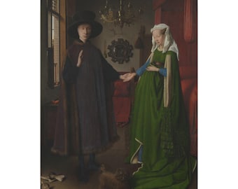 May include: An oil painting depicting two figures standing in a room. One figure wears a dark cloak and wide-brimmed hat, while the other wears a long green gown and white head covering. A small dog stands between them, and a mirror hangs on the wall.