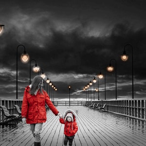 Lady In Red,Mother and Child,Jetty,Misty lights,B&W,Jetty Print,Room decor,Timber Jetty,Street lights,Dark skies,Stormy skies,Seaside print.