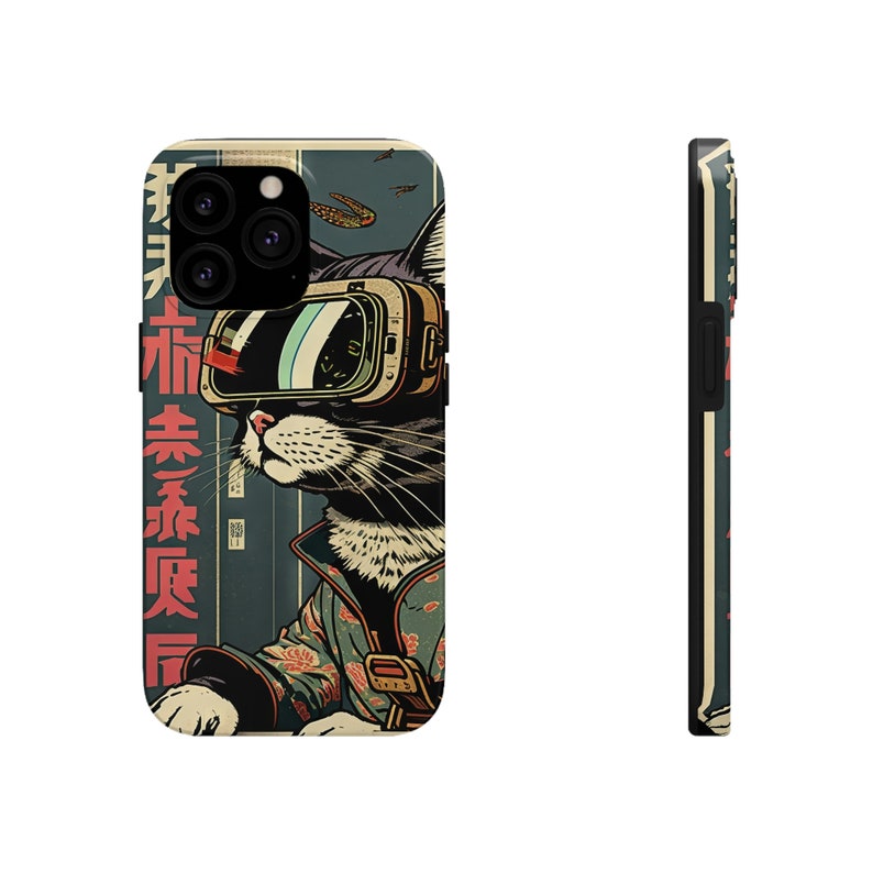 Japanese Woodblock Print Cyberpunk Sci-Fi Cats Namiko iPhone 11 12 13 14 15 Pro Max Tough Phone Case image 3
