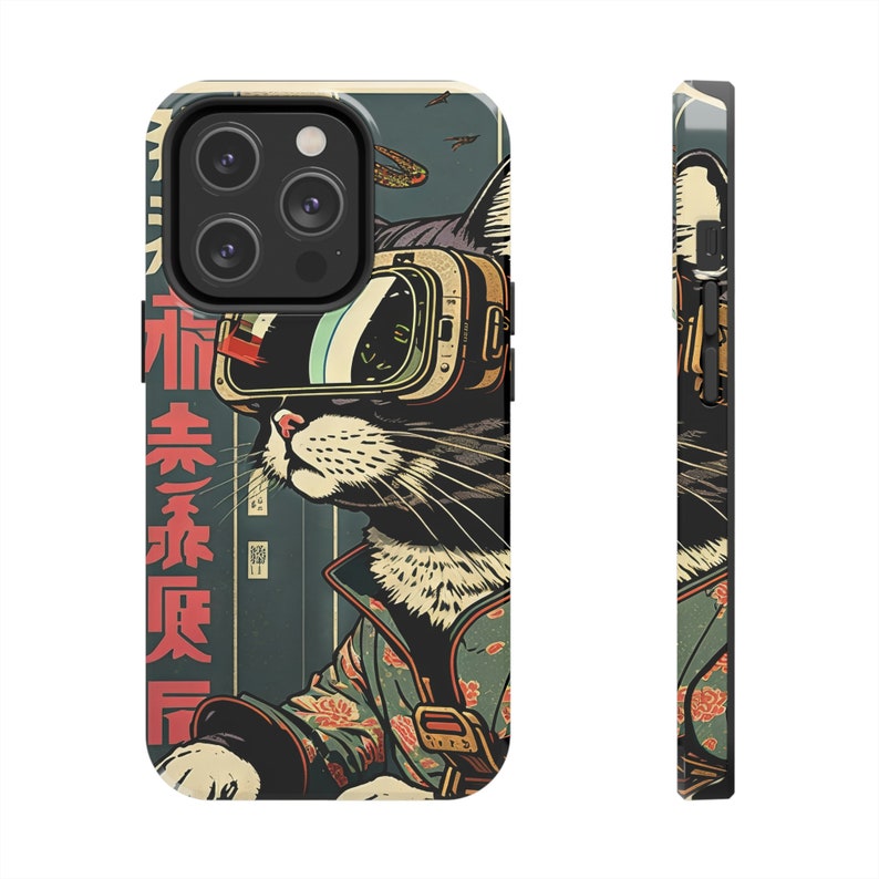 Japanese Woodblock Print Cyberpunk Sci-Fi Cats Namiko iPhone 11 12 13 14 15 Pro Max Tough Phone Case image 1