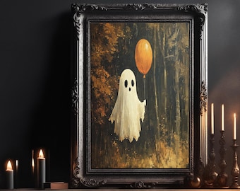 Vintage Halloween Ghost and Balloon Print, Dark Cottagecore Wall Art, Digital Download, Printable Vintage Halloween Print, Spooky Wall Art