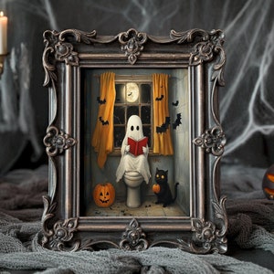 Zabawny plakat z duchem w łazience: Czarny kot na Halloween (do pobrania cyfrowego)
