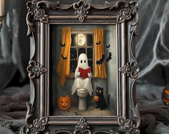 Ghost on Toilet Wall Print, Ghost and Black Cat Bathroom Poster, Funny Ghost on Toilet Print, Halloween Printable, Vintage Halloween Prints