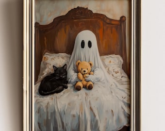 Uroczy nadruk ścienny z duchem, sztuka ścienna z okazji Halloween w stylu vintage, nadruk z duchem w łóżku, upiorna sztuka ścienna, rustykalny nadruk z duchem na Halloween, nadruk z duchem dla dzieci