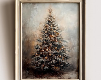 Vintage Christmas Wall Art Christmas Tree Printable Christmas Decor Winter Landscape Painting Forest Wall Art Tree Oil Painting Digital Art,