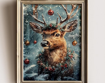 Vintage Reindeer Christmas Print: Rustic Farmhouse Wall Art (Digital Download)