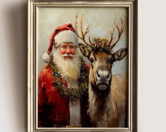 Vintage Santa Claus and Reindeer Oil Painting Print (Digital Print)