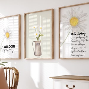 Daisy Printable Wall Art Set Of 3,Welcome Spring, Hello Spring Daisy Bunch Boho Flower Art, Vintage Watercolor Daisy, Floral Illustration