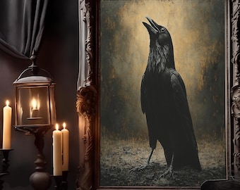Corbeau en Moddy imprimable, impression murale portrait de corbeau, décoration sombre du milieu universitaire, corbeau bohème, affiche vintage, peinture gothique, art du milieu universitaire sombre,
