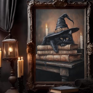 Black Cat Witchy Wall Print, Rustic Halloween Wall Art, Halloween Cat Painting Art, Vintage Halloween Decor, Black Cat on Books, Dark Moody,