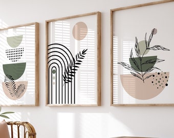 Lot de 3 imprimés bohèmes, art mural imprimable beige et vert, impressions murales abstraites, estampes botaniques, affiche géométrique maison moderne du milieu du siècle