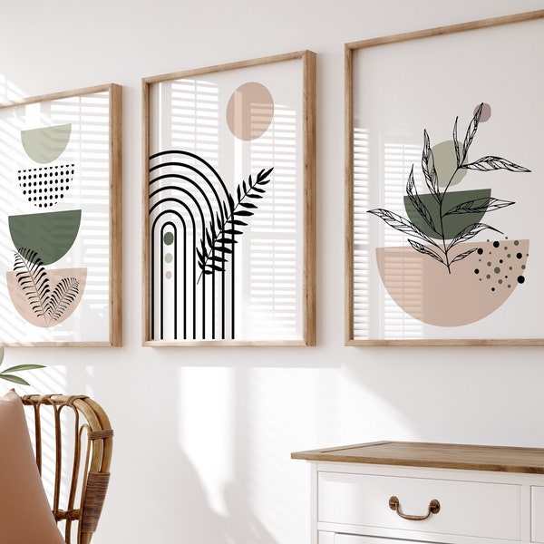 Set Of 3 Boho Print, Beige and Green Printable Wall Art, Abstract Wall Prints, Botanical Prints, Geometric  Mid Century Modern Home Poster