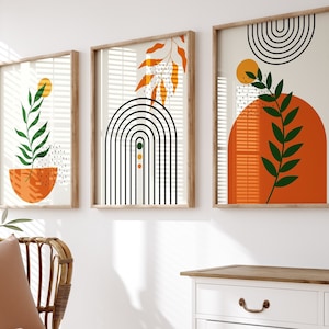 Boho Botanical Wall Art Print Set: Orange, Green, Geometric (Digital Download)