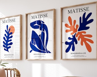 Navy Blue Matisse Print Set Of 3, Henri Matisse Wall Art Prints, Modern Gallery Wall Set, Exhibition Museum Poster , Abstract Digital Prints