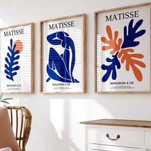 Juego de 3 láminas de Matisse en azul marino, láminas de Henri Matisse para pared, juego de galería moderna, póster para museo, impresiones digitales abstractas