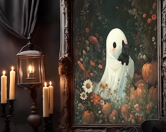Cute Ghost Hugs Black Cat Print, Halloween Decor, Vintage Halloween Wall Art, Dark Academia Room Decor, Ghost and Cute Cat Halloween Poster