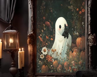 Impresión de fantasma y gato negro, arte mural vintage de fantasmas, decoración imprimible de Dark Academia, arte mural de Halloween, descarga digital de fantasmas florales.