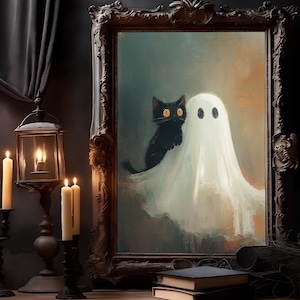 Lámina artística de Halloween de fantasma espeluznante y gato negro