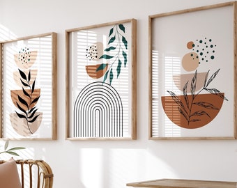 Boho Abstrakt Set 3 Druck, Mid Century Modern Home Decor, Botanische Linie Kunst, Geometrisches Wand-Kunst-Design, Terrakotta-Töne, digitale Wandkunst