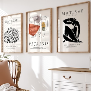 Conjunto de láminas de Picasso, pósteres de Matisse, arte mural abstracto moderno, póster de Picasso, conjunto de 3 para galería, descarga digital, impresión artística del rostro de Picasso