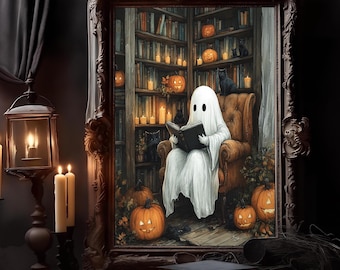 Vintage Library Ghost Print, Spooky Halloween Art, Digital Download, Halloween Decor, Ghost Painting, Vintage Halloween Decor Prints, Wall