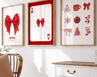 Christmas Coquette Print Set: Red Bow Holiday Wall Art (Digital Download)