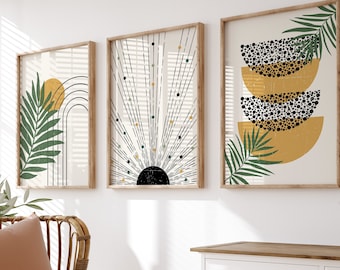 Boho Abstract Wall Print Set Of 3, Mustard, Black, Green Boho Wall Art, Living Room Triptych Art Prints, Boho Botanical Home Decor, Mustard,