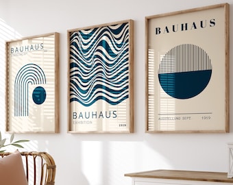 Bauhaus Art Print Set: Navy Blue Mid-Century Geometric Posters (Digital Download)