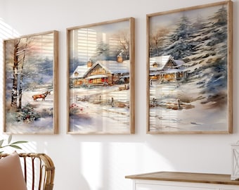 Chritsmas Winter Landscape 3 Piece Wall Art, Christmas Print, Rustic Winter Painting Ladscape Printable,  Farmhouse Holiday Winter Print