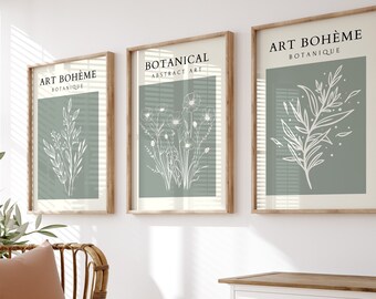Sage Green Botanical Wall Art Prints: Minimalist Set of 3 (Digital Download)