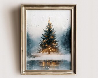 Vintage Christmas Tree Print: Snowy Winter Forest Landscape (Digital Download)