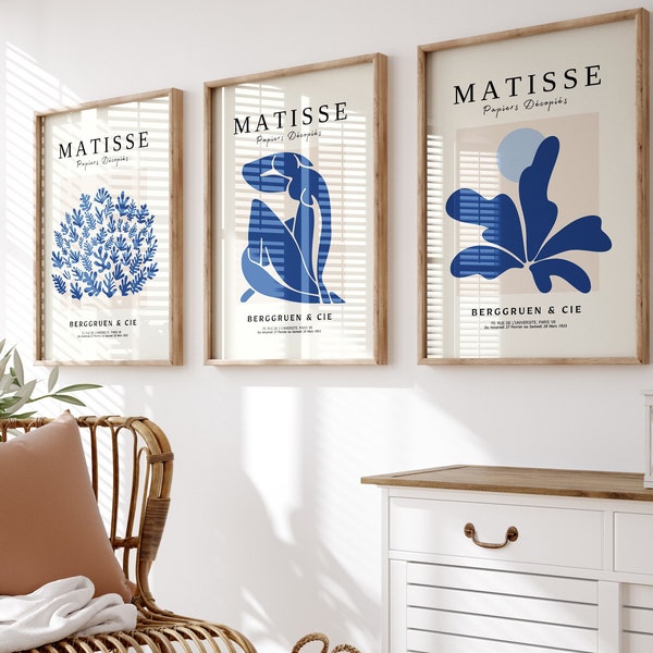 Matisse Print Set Of 3, Henri Matisse Poster, Blue Print Set, Matisse Wall Art Set, Matisse Exhibition Poster, Abstract Flower, Digital Art
