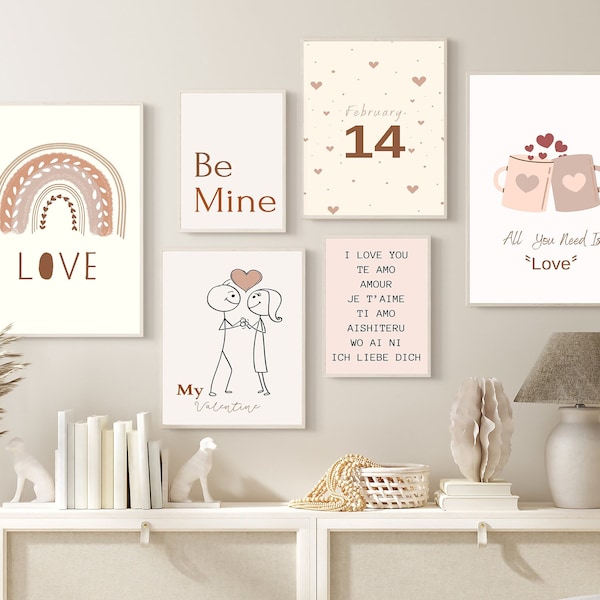 Boho Valentines Gallery Wall Print Set of 6, Valentines Prints, Valentines Day Decoration, Cute Pink Valentines Day Poster, Be Mine Print