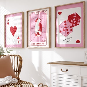 Trendy Retro Wand Kunst 3er-Set, Valentinstag Drucke, Luck You Poster, Spielkarte Wandkunst, rosa rote Würfelherzen Wand druckbar, Liebe