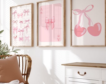 Pink Bows Wall Print Set of 3, Preppy Wall Art, Coquette Decor
